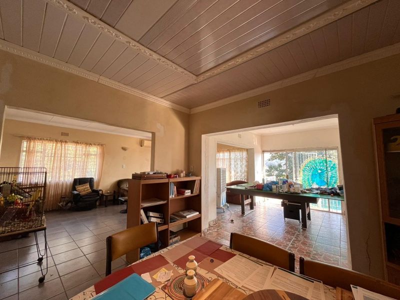 Spacious open-plan living area featuring tiled flooring, coved ceilings, and large windows providing natural light and access to the outdoor space.