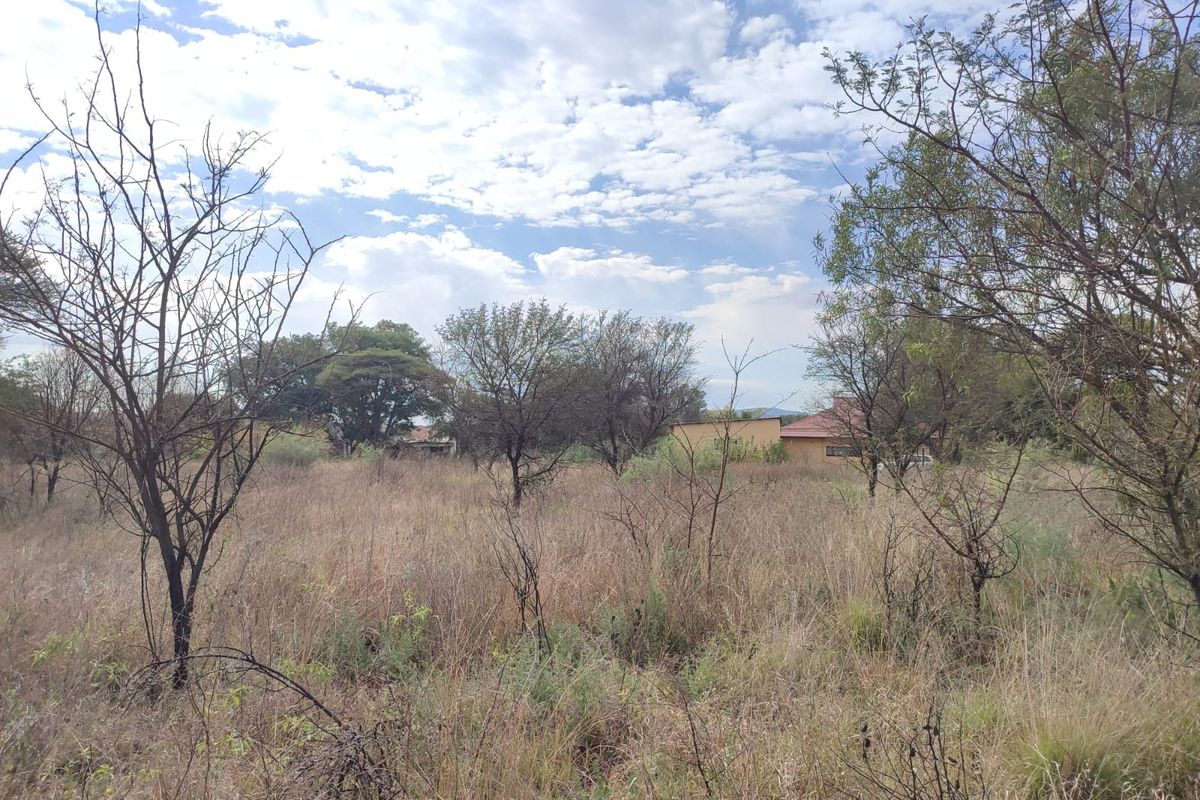 A view of a vacant residential plot featuring natural vegetation, dry grass, and scattered trees under a cloudy sky.