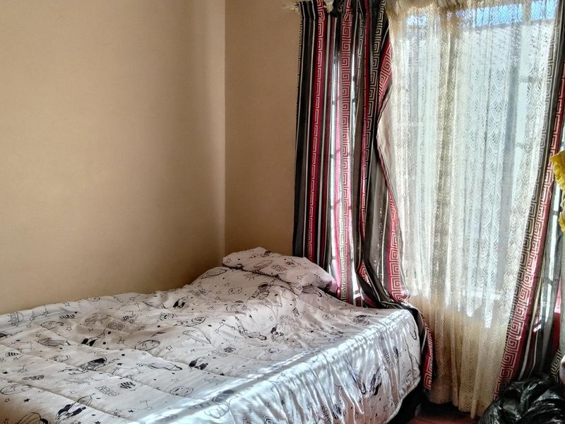 A standard bedroom featuring a window with installed curtain rails and neutral wall finishes.