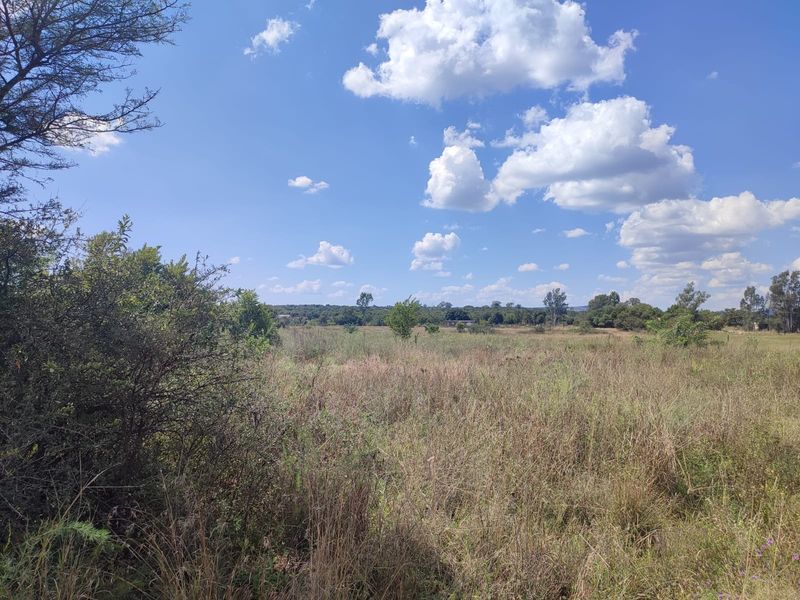 A wide-angle view of the expansive open grassland and natural landscape surrounding the farm property.
