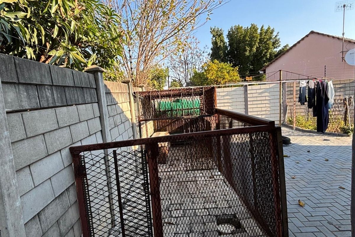 Rear outdoor area featuring paved surfacing, concrete block boundary walls, and a metal mesh enclosure.