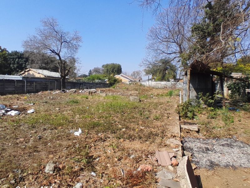 A vacant residential plot featuring a precast concrete boundary wall, a small corrugated metal shed, and overgrown ground cover.