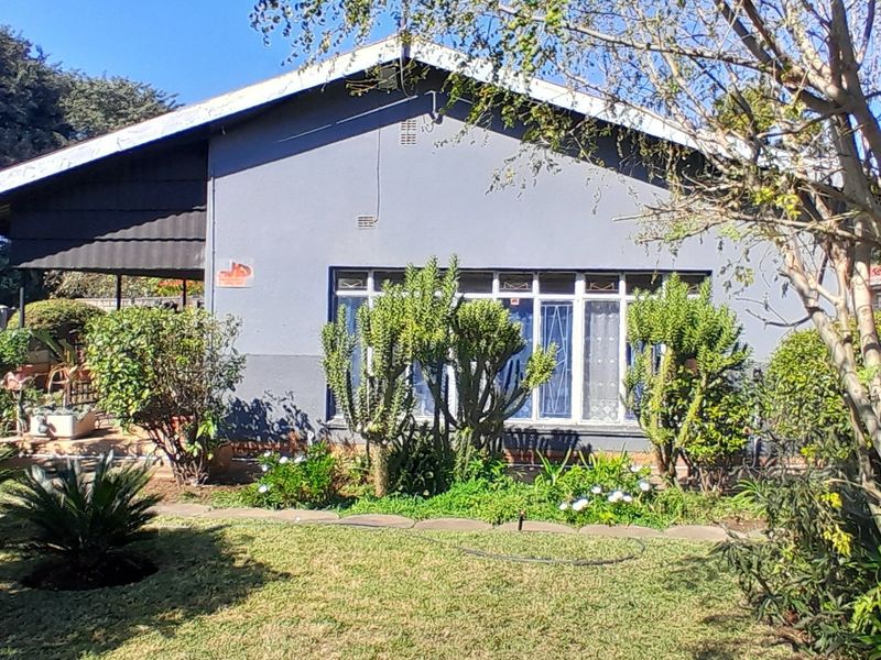 Rear view of the property featuring a garden, covered patio area, and a single-story structure with metal-framed windows and security bars.