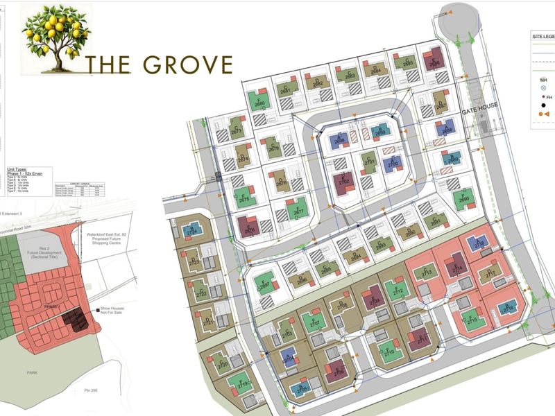 A detailed site development plan for The Grove residential estate, illustrating unit layouts, infrastructure, and property boundaries.