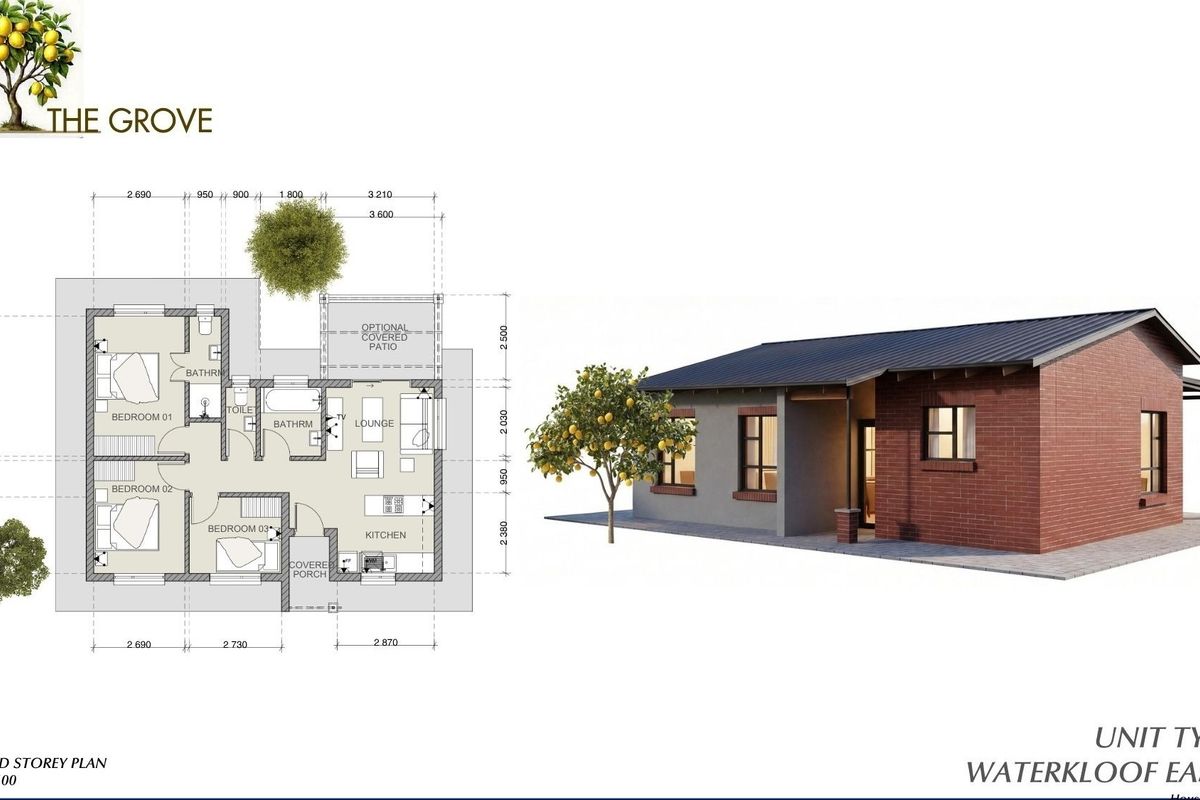 Architectural floor plan and 3D exterior rendering for Unit Type A at The Grove, Waterkloof East X81.