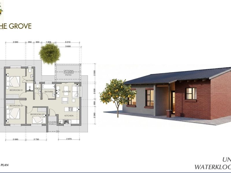Architectural floor plan and 3D exterior rendering for Unit Type A at The Grove, Waterkloof East X81.