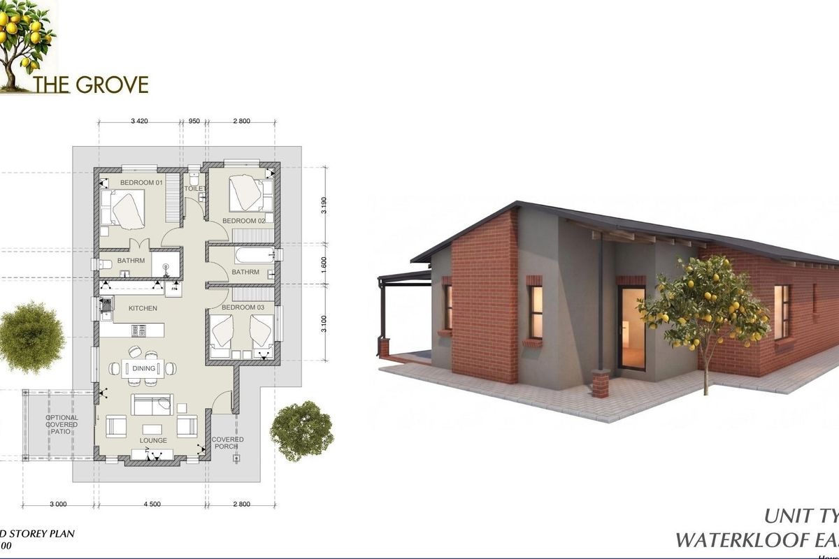 Architectural floor plan and 3D exterior rendering for Unit Type C at The Grove, showcasing the layout and building design.