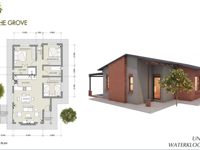 Architectural floor plan and 3D exterior rendering for Unit Type C at The Grove, showcasing the layout and building design.