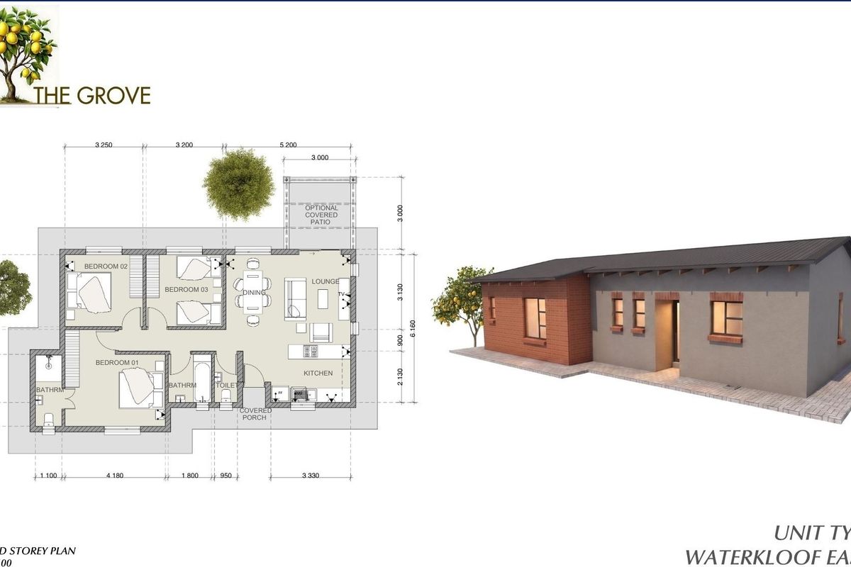 Architectural floor plan and 3D exterior rendering for Unit Type D at The Grove, Waterkloof East X81.