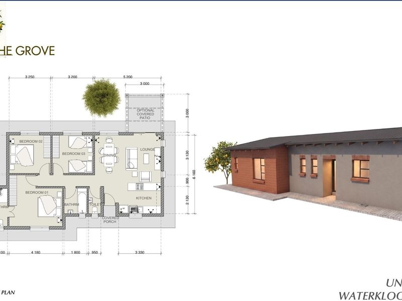 Architectural floor plan and 3D exterior rendering for Unit Type D at The Grove, Waterkloof East X81.