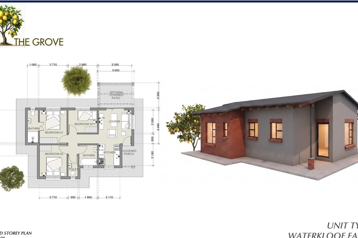 Architectural floor plan and 3D exterior render for Unit Type B at The Grove, Waterkloof East X81.