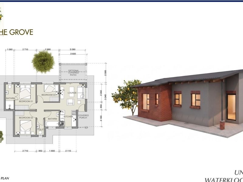 Architectural floor plan and 3D exterior render for Unit Type B at The Grove, Waterkloof East X81.