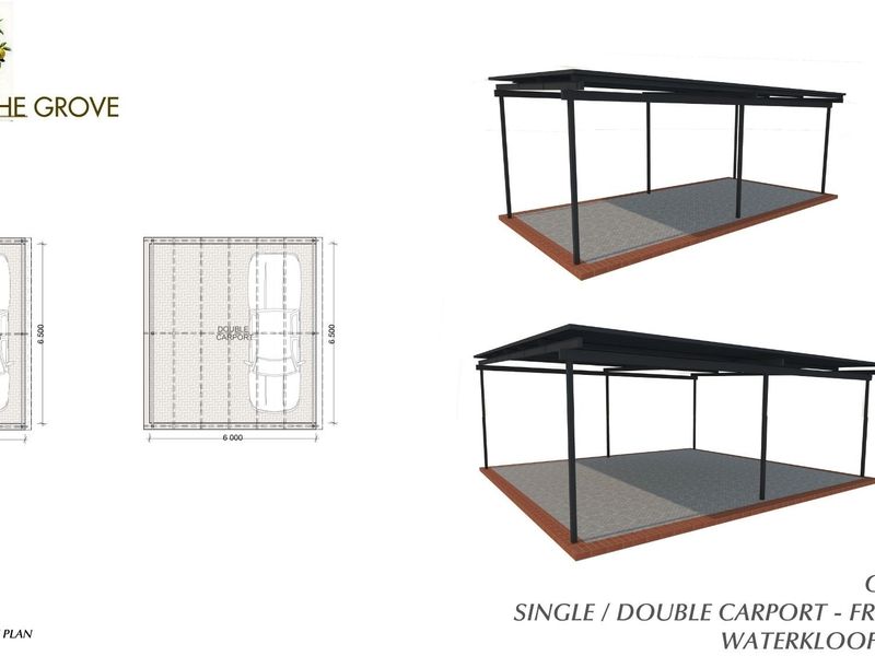 Architectural plan and 3D rendering showing optional single and double free-standing carport designs for the property.