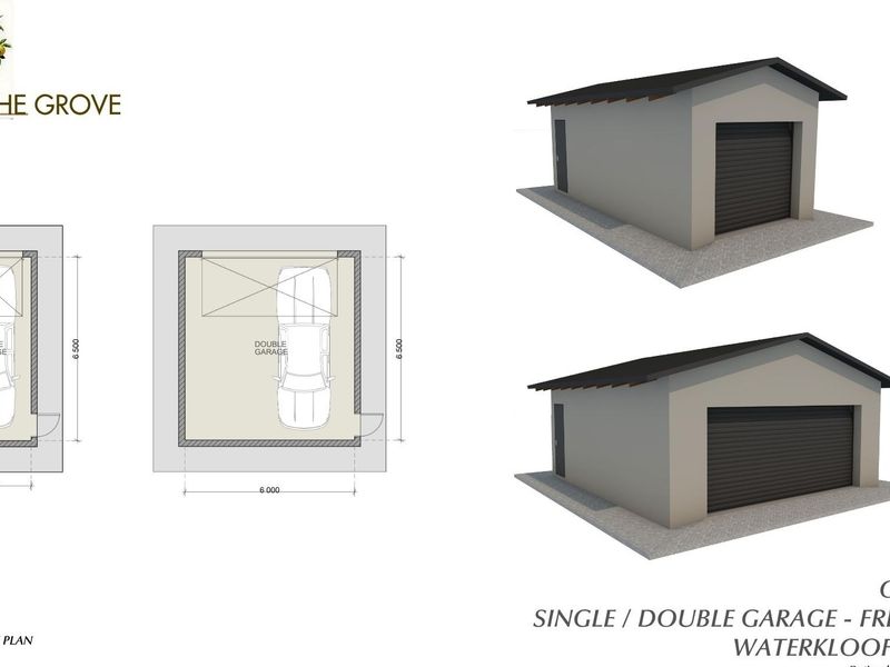 Architectural floor plan and 3D renderings showing optional single and double free-standing garage configurations for The Grove development.