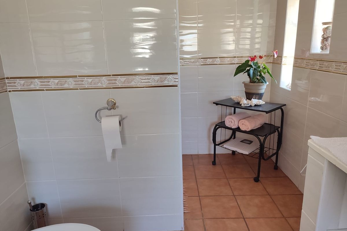 A functional bathroom featuring neutral ceramic wall tiles with decorative border accents and terracotta floor tiling.