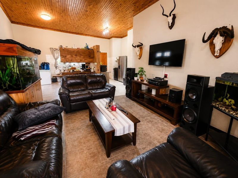 Spacious open-plan living area featuring a high timber-clad vaulted ceiling, tiled flooring, and an integrated kitchen space with built-in cabinetry.