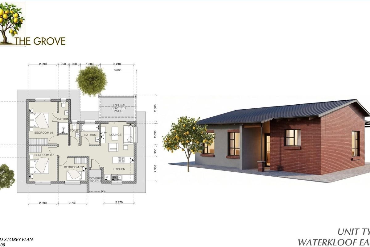 Architectural floor plan and 3D exterior rendering for Unit Type A at The Grove, showcasing a three-bedroom layout with open-plan living.
