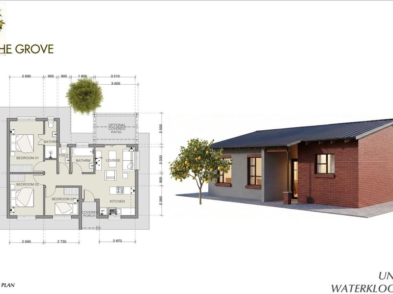 Architectural floor plan and 3D exterior rendering for Unit Type A at The Grove, showcasing a three-bedroom layout with open-plan living.