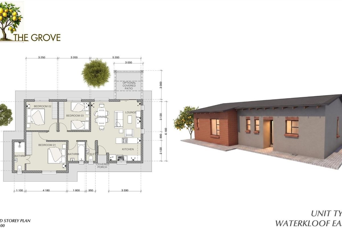 Architectural floor plan and 3D exterior render for Unit Type D at The Grove, Waterkloof East X81.