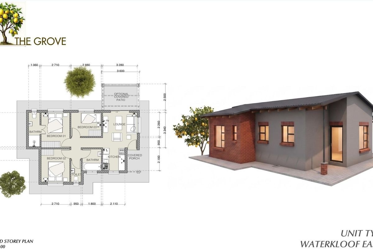Architectural floor plan and 3D exterior render for Unit Type B at The Grove, Waterkloof East X81.