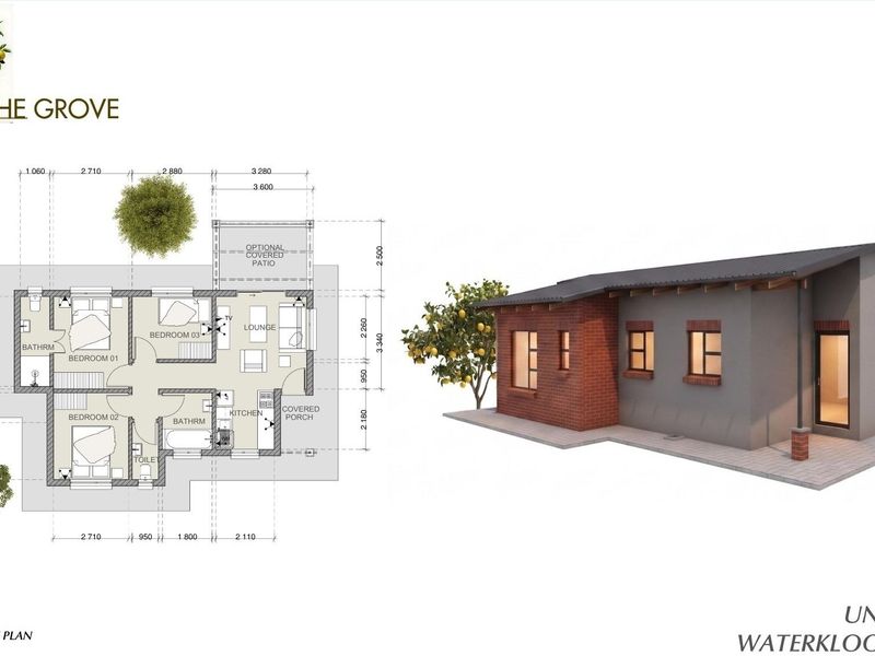 Architectural floor plan and 3D exterior render for Unit Type B at The Grove, Waterkloof East X81.