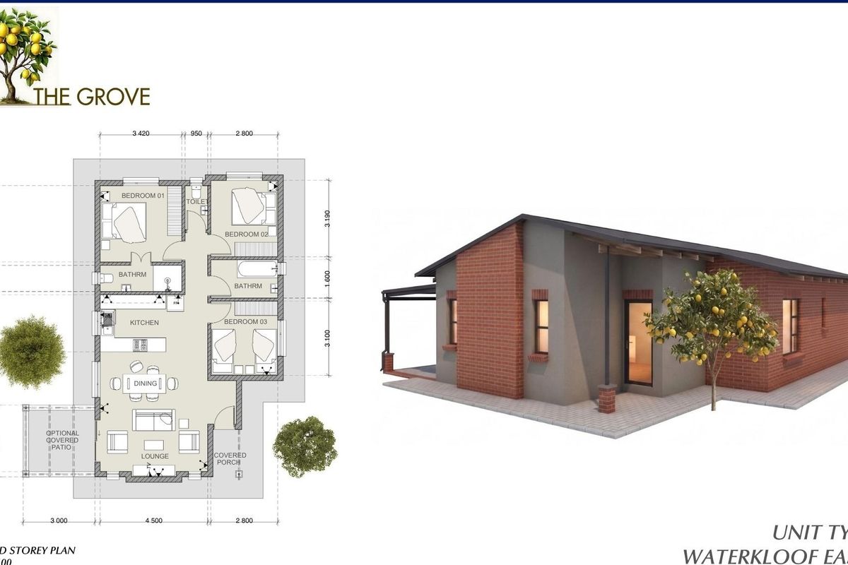 Architectural floor plan and 3D exterior rendering for Unit Type C at The Grove, showcasing a three-bedroom layout with open-plan living areas.