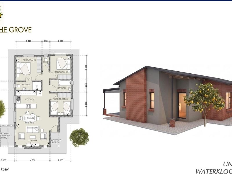 Architectural floor plan and 3D exterior rendering for Unit Type C at The Grove, showcasing a three-bedroom layout with open-plan living areas.