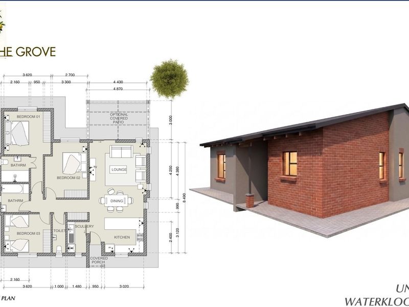 Architectural floor plan and 3D exterior rendering for Unit Type F at The Grove, showcasing a three-bedroom layout with open-plan living areas.