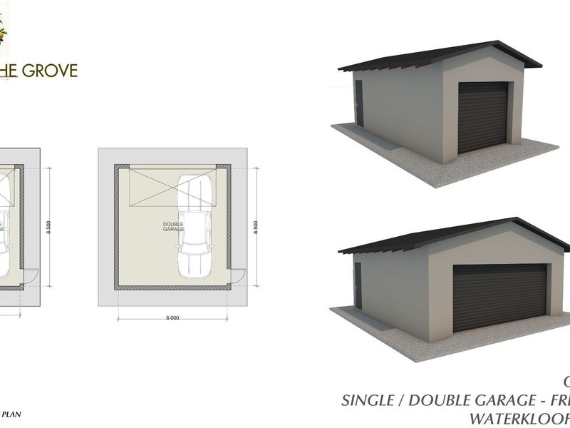 Architectural floor plan and 3D renderings showing optional single and double free-standing garage configurations.