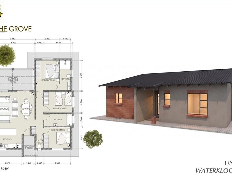 Architectural floor plan and 3D exterior rendering for Unit Type E at The Grove, Waterkloof East X81.