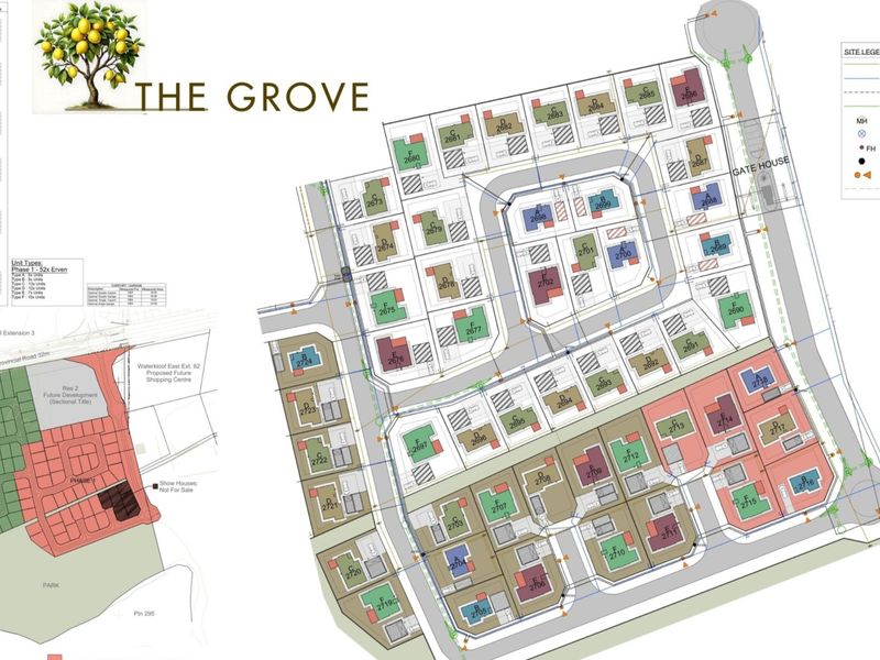 A detailed site development plan for The Grove residential estate, illustrating unit layouts, infrastructure, and property boundaries.