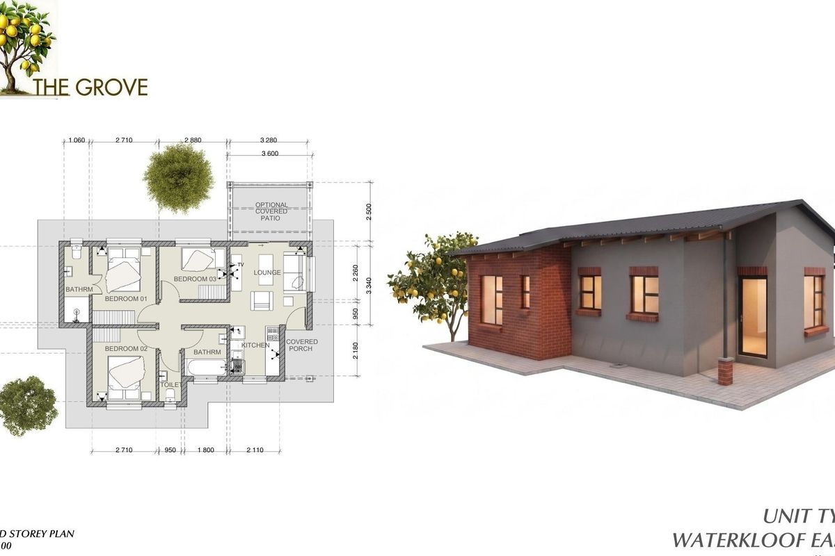 Architectural floor plan and 3D exterior rendering for Unit Type B at The Grove, Waterkloof East X81.