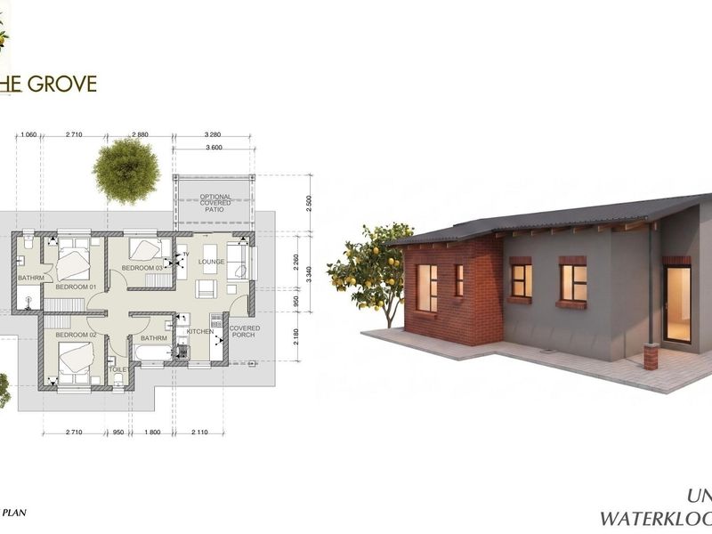 Architectural floor plan and 3D exterior rendering for Unit Type B at The Grove, Waterkloof East X81.