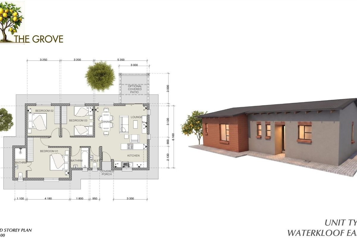 Architectural floor plan and 3D exterior rendering for Unit Type D at The Grove, showcasing the layout and building design.