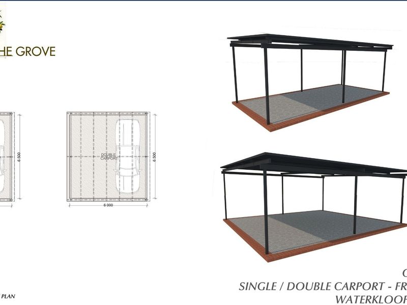 Architectural floor plan and 3D renderings illustrating optional single and double free-standing carport designs for the property.