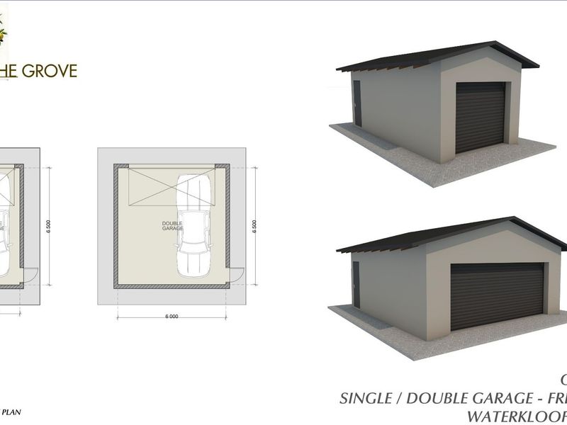 Architectural floor plan and 3D renderings showing optional single and double free-standing garage configurations for The Grove development.