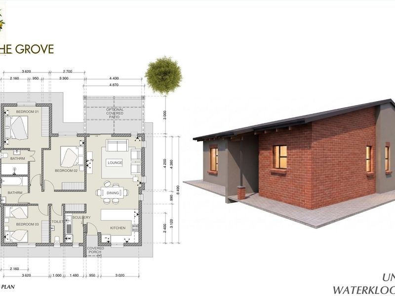 Architectural floor plan and 3D exterior rendering for Unit Type F at The Grove, Waterkloof East X81.