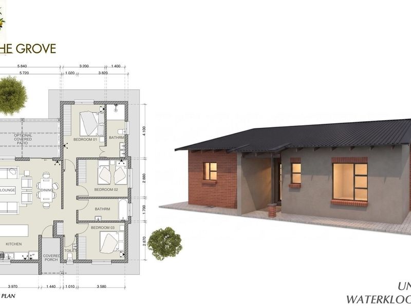 Architectural floor plan and 3D exterior rendering for Unit Type E at The Grove, Waterkloof East X81.