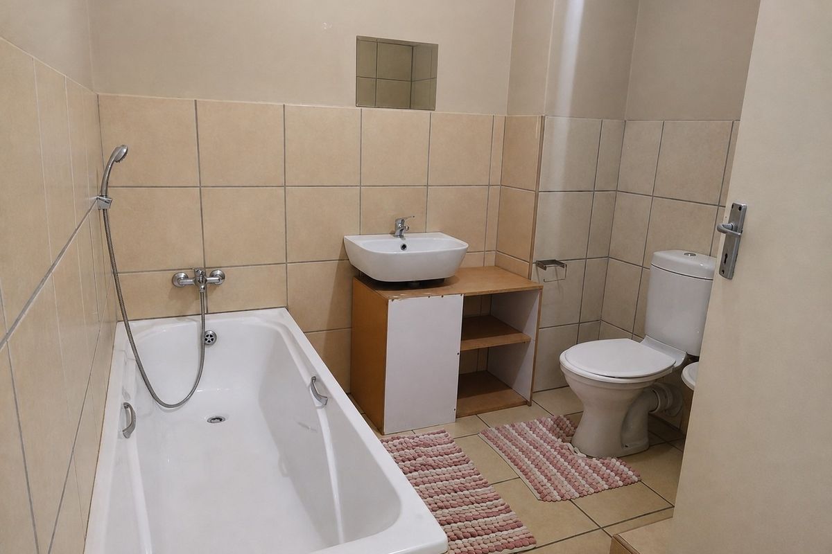A functional bathroom featuring a bathtub with handheld shower, a basin with vanity cabinet, and a standard toilet with tiled finishes.