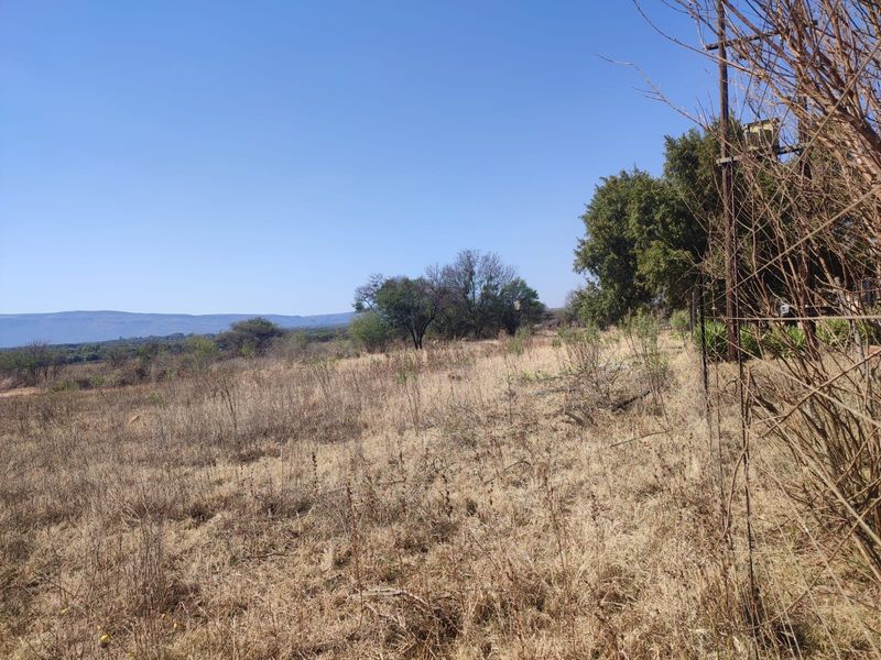 A wide-angle view of the farm landscape featuring dry grassland, scattered trees, and distant mountain ranges under a clear blue sky.