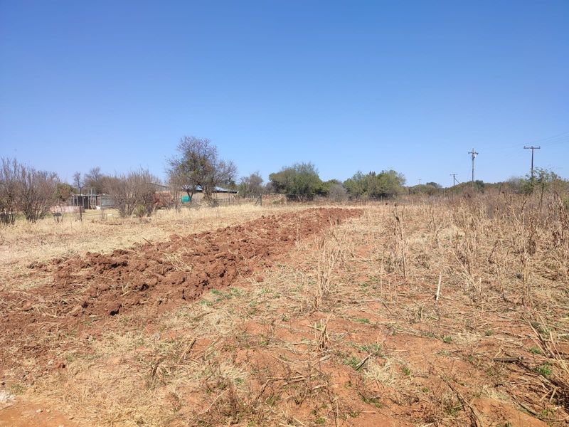 An expansive, undeveloped plot of farm land featuring dry vegetation and a section of tilled soil under a clear blue sky.