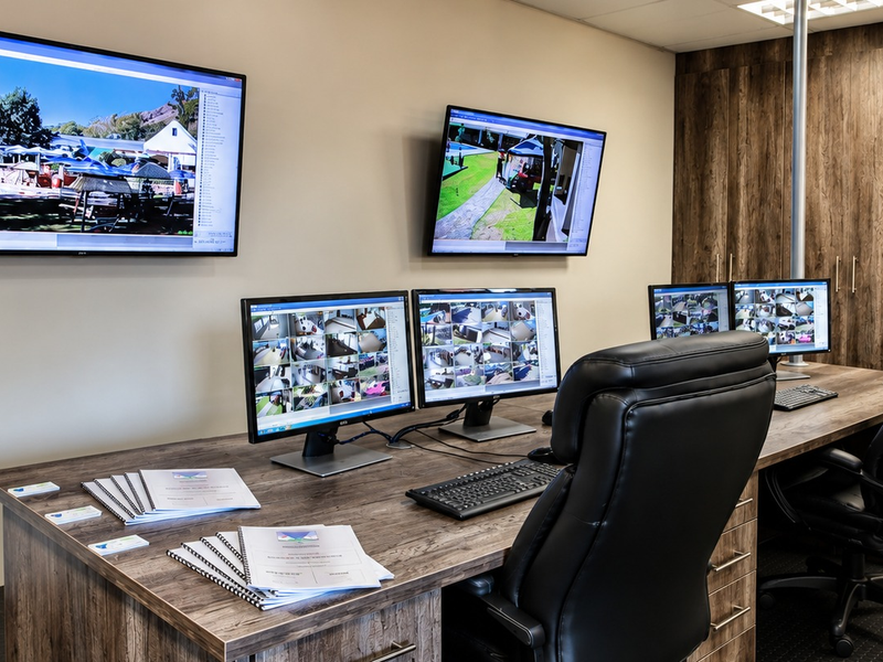 A professional security monitoring office featuring built-in wood-grain cabinetry, integrated desk space, and multiple wall-mounted and desktop surveillance screens.