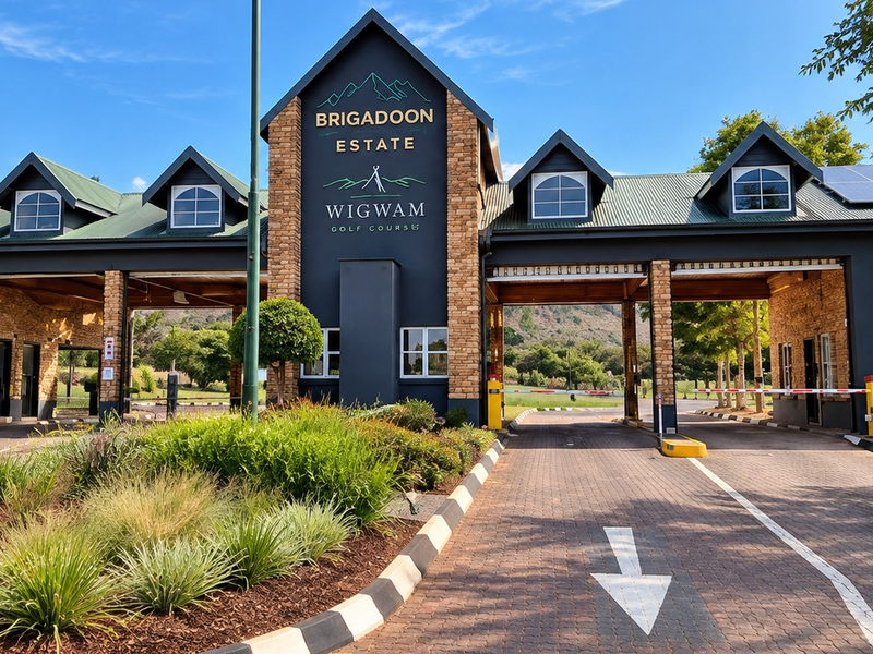 The main entrance gatehouse of Brigadoon Estate, featuring stone cladding, metal roofing, and a secure access-controlled driveway.