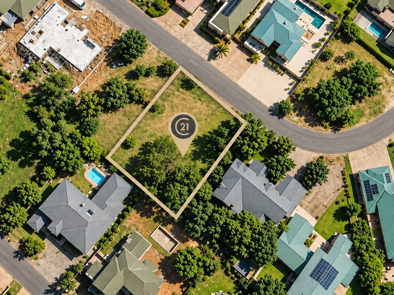 An aerial view of a vacant residential land plot situated within a developed suburban estate, featuring established trees and surrounding residential properties.