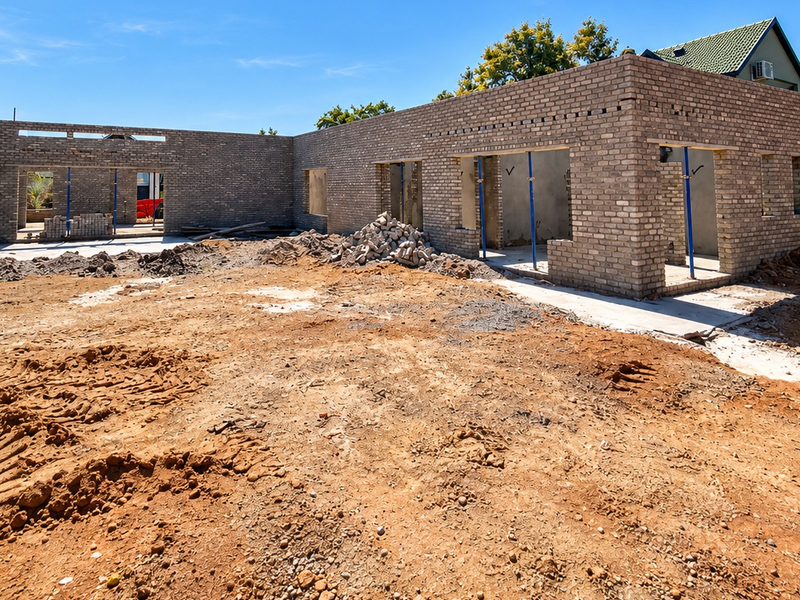 A rear view of a residential property currently under construction, featuring exposed brick walls and an unlandscaped site.