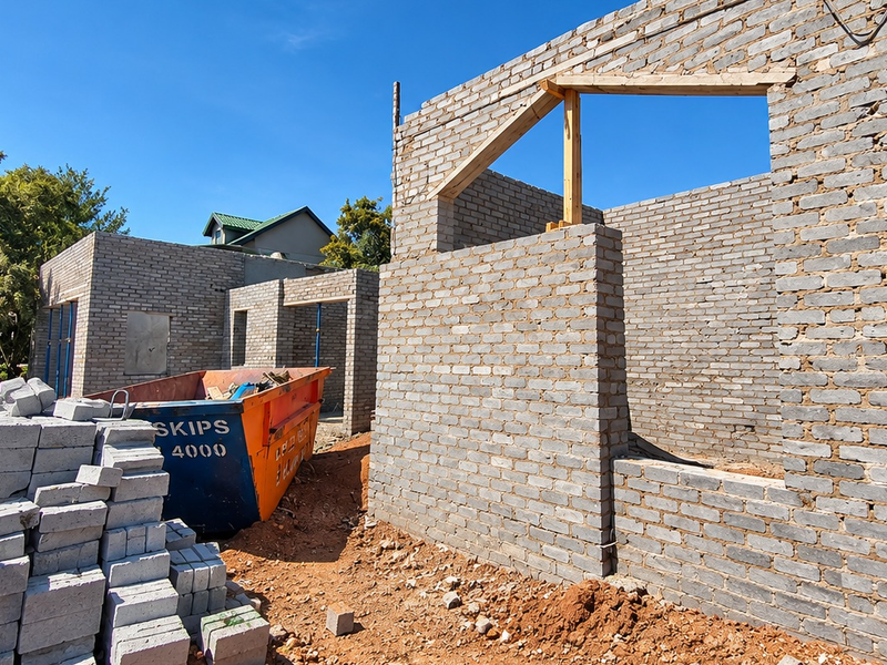 A construction site showing the exterior brickwork and timber roof framing of a house currently under development.