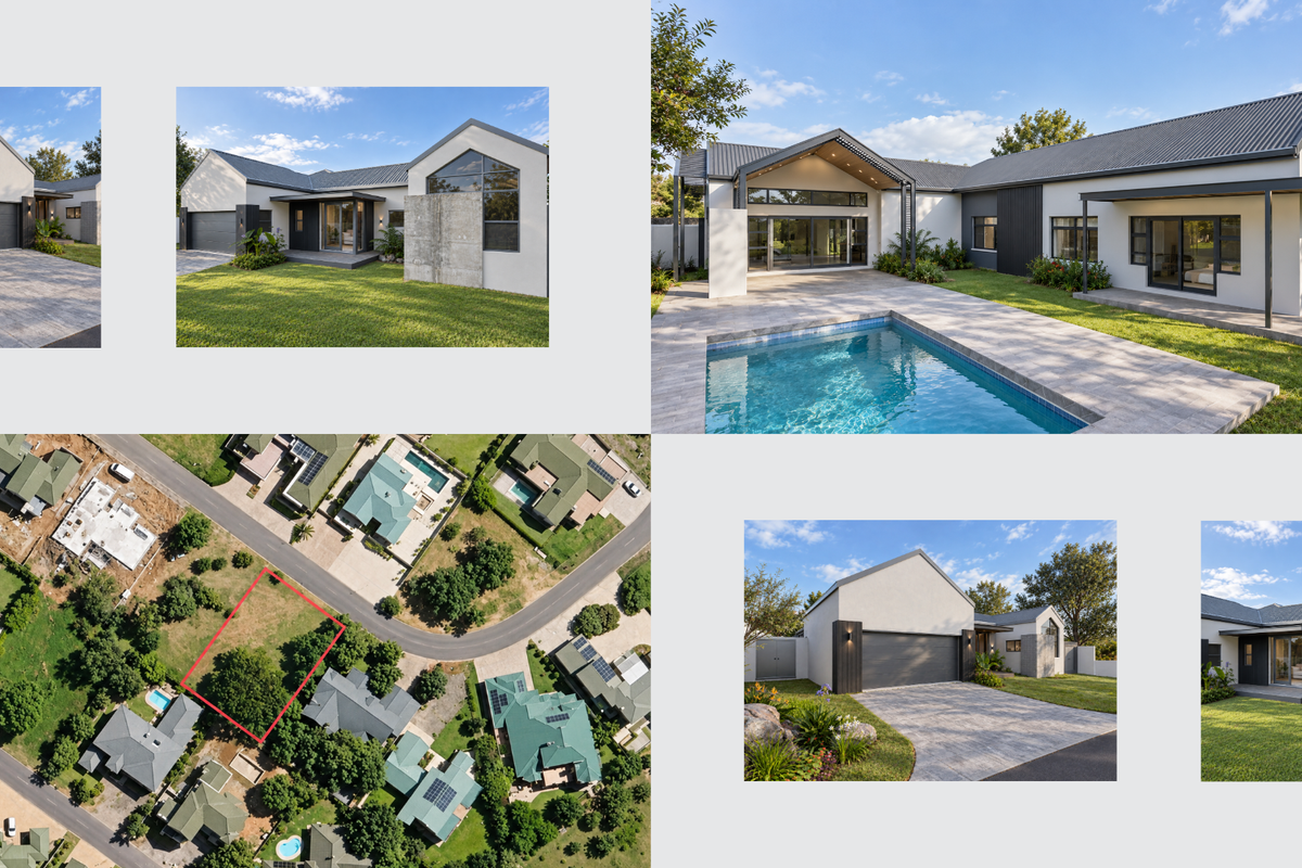 A modern residential exterior featuring a swimming pool, paved patio area, and covered veranda with contemporary architectural design and metal roofing.