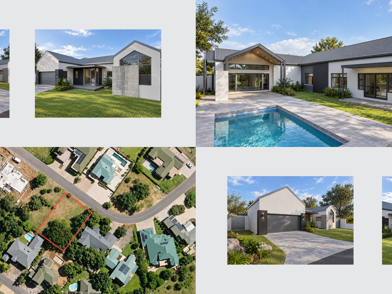 A modern residential exterior featuring a swimming pool, paved patio area, and covered veranda with contemporary architectural design and metal roofing.