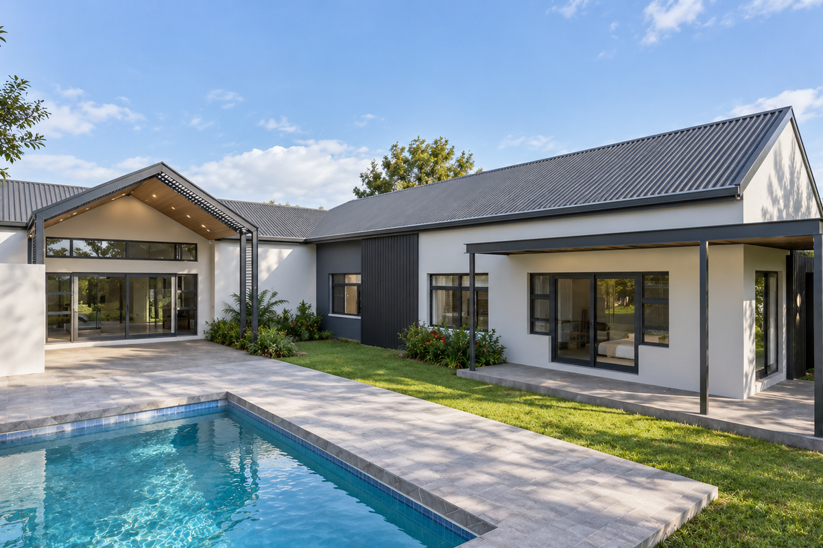 Modern rear exterior featuring a swimming pool, tiled patio area, and contemporary architectural design with large sliding glass doors.