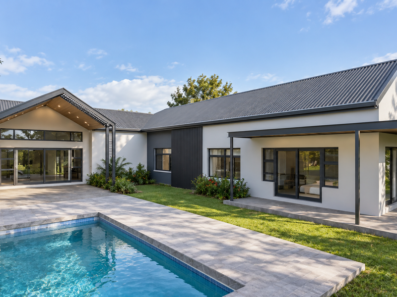 Modern rear exterior featuring a swimming pool, tiled patio area, and contemporary architectural design with large sliding glass doors.